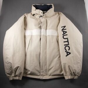 Vintage 90s Nautica Reversible Down Puffer Jacket Navy Blue Cream Mens XL Coat